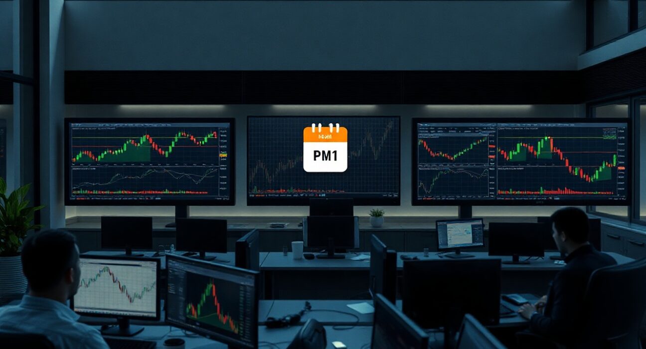 Professional trading desk with monitors displaying economic data and market charts for weekly forecast