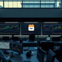 Professional trading desk with monitors displaying economic data and market charts for weekly forecast