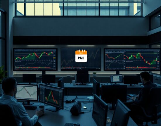 Professional trading desk with monitors displaying economic data and market charts for weekly forecast