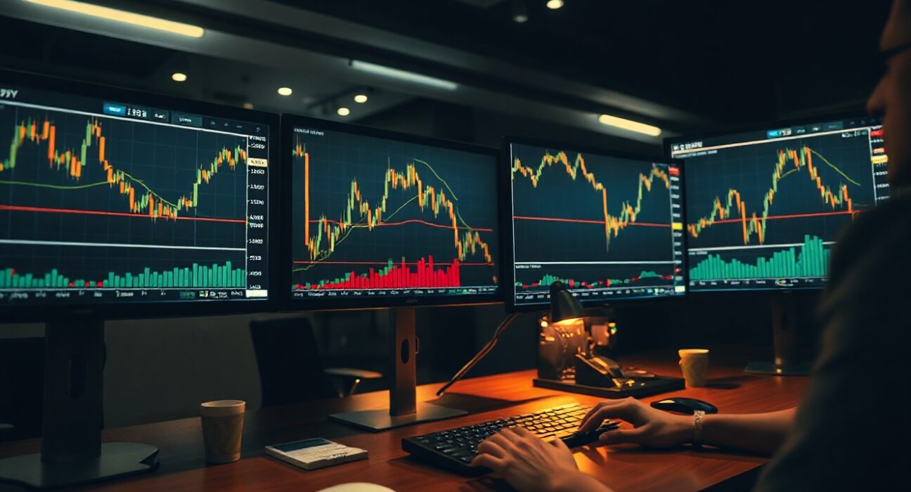 Analyst reviewing technical charts for USD/JPY, EUR/USD, and Gold on multiple monitors