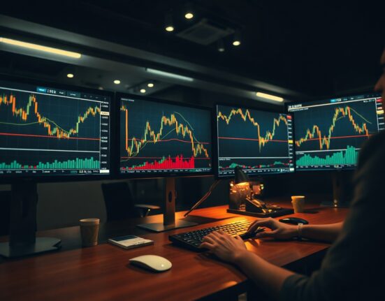 Analyst reviewing technical charts for USD/JPY, EUR/USD, and Gold on multiple monitors
