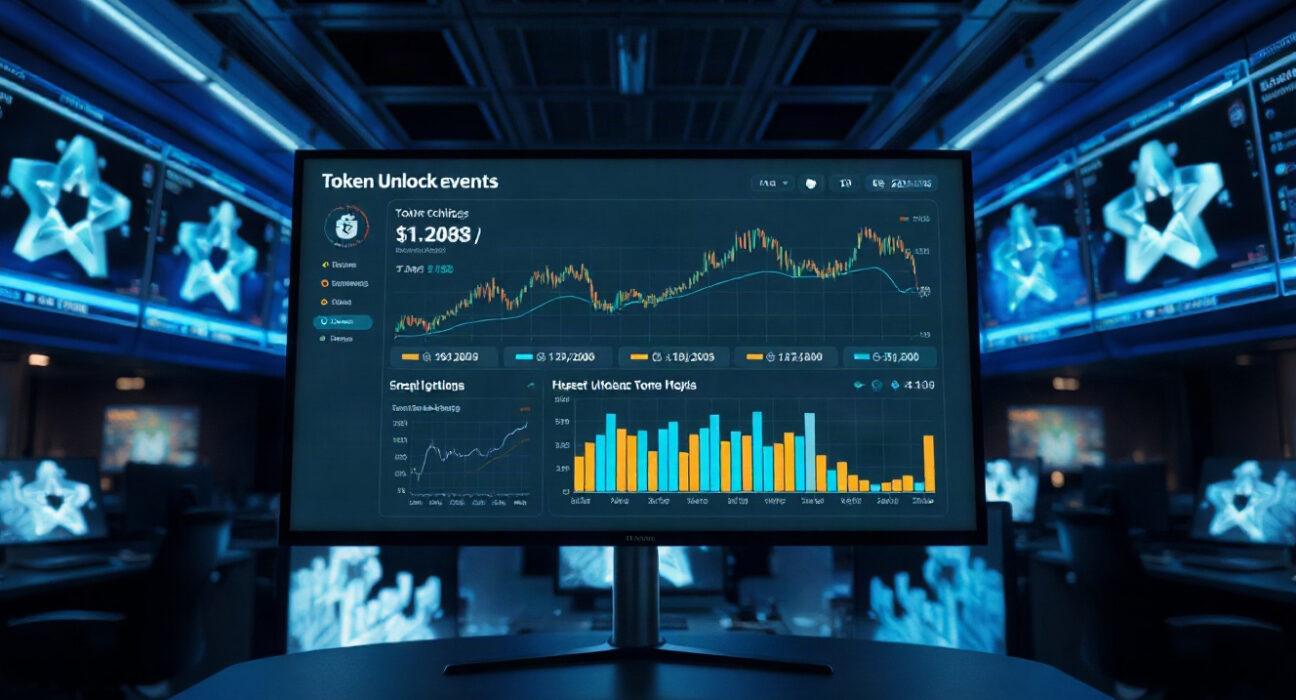 Cryptocurrency token unlock schedule displayed on a financial dashboard in a trading room