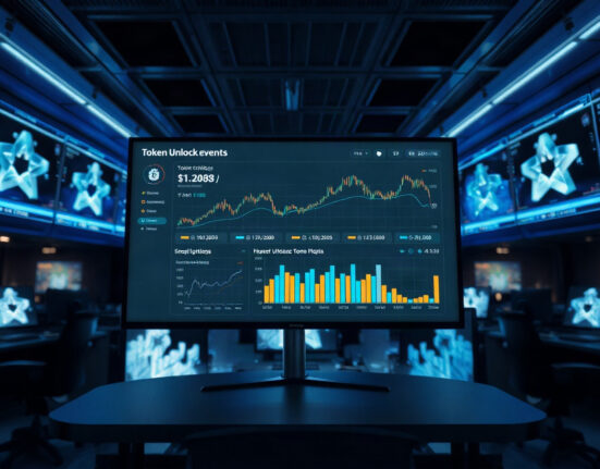Cryptocurrency token unlock schedule displayed on a financial dashboard in a trading room