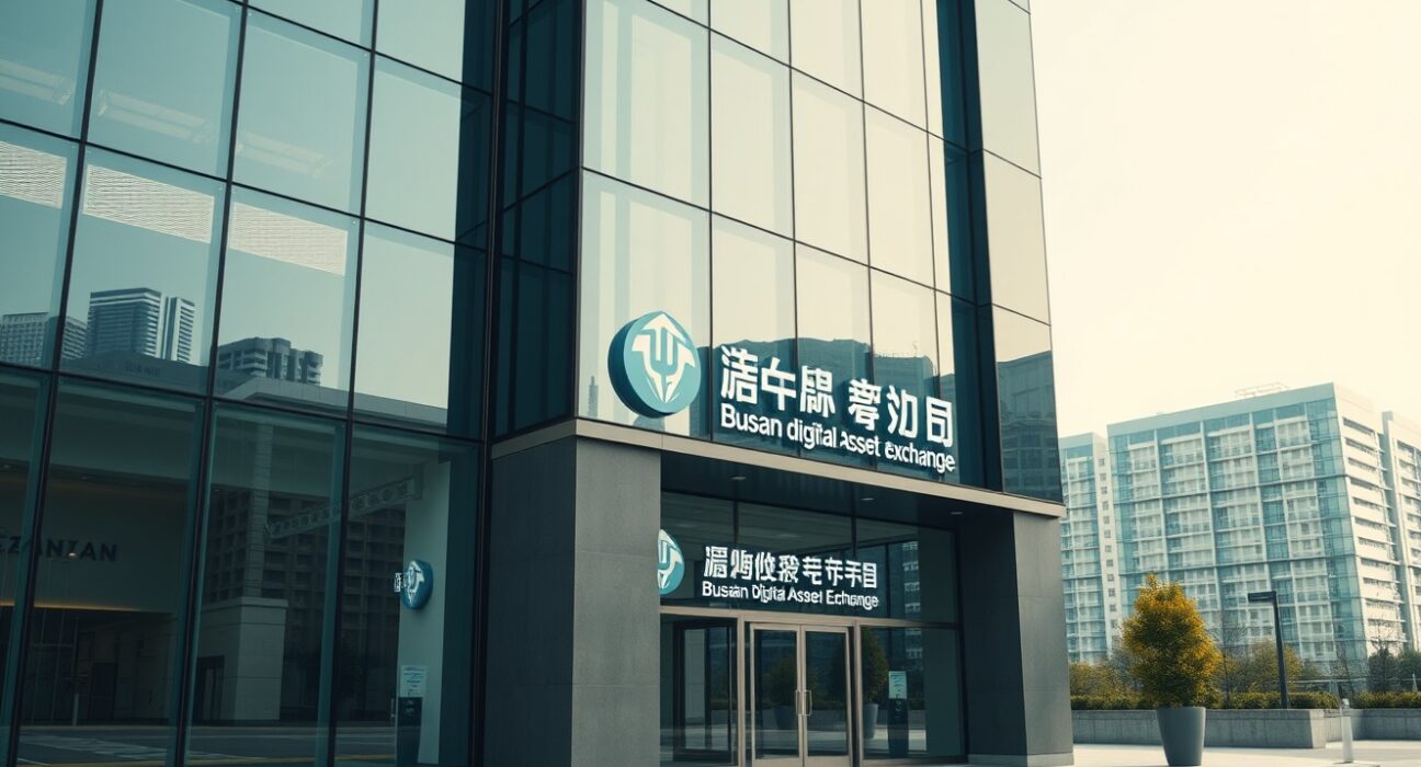 Busan Digital Asset Exchange building exterior on a clear day, representing the acquisition of Flybit by WeHub.