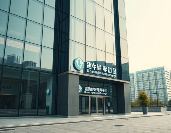 Busan Digital Asset Exchange building exterior on a clear day, representing the acquisition of Flybit by WeHub.