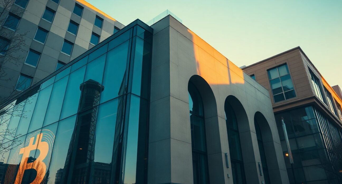 Modern bank building with Bitcoin symbol projection, symbolizing institutional investment in crypto ETFs
