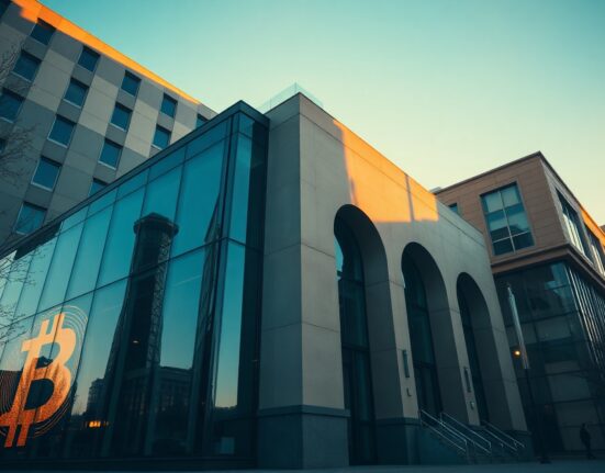 Modern bank building with Bitcoin symbol projection, symbolizing institutional investment in crypto ETFs