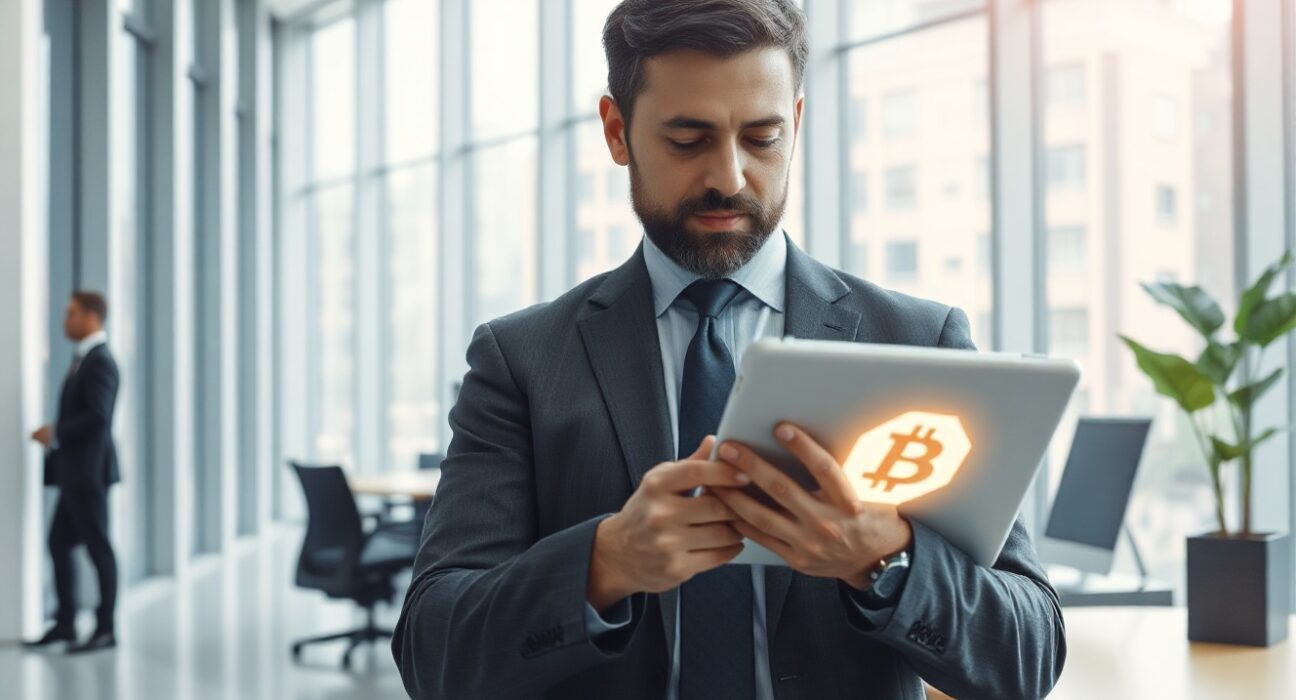 Professional banker using tablet with digital token display in modern office