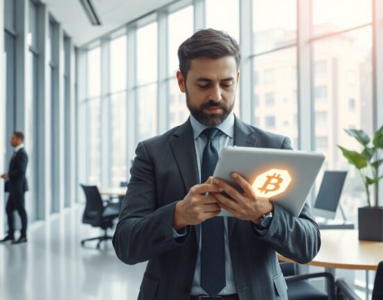 Professional banker using tablet with digital token display in modern office