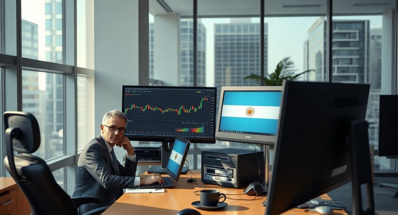 Financial analyst reviewing currency exchange monitors with Chilean and Argentine flags on screens in a modern office