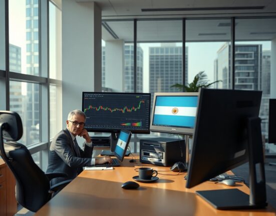 Financial analyst reviewing currency exchange monitors with Chilean and Argentine flags on screens in a modern office