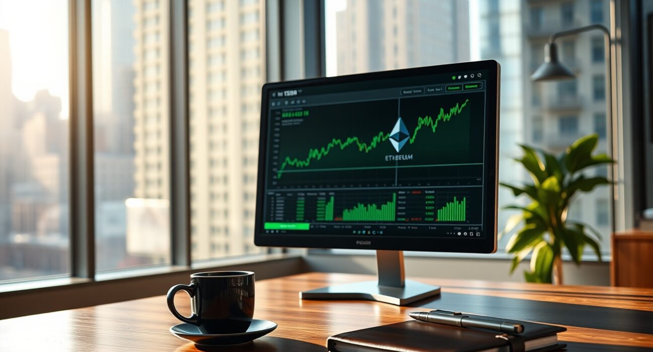 Wells Fargo office desk with computer showing Ethereum ETF trading charts and upward trends