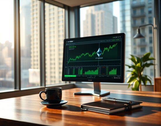 Wells Fargo office desk with computer showing Ethereum ETF trading charts and upward trends