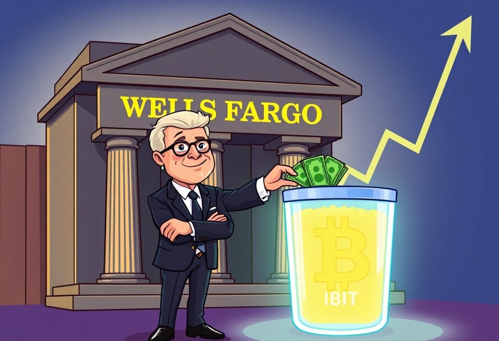 Cartoon illustration showing Wells Fargo's significant increase in IBIT holdings, highlighting growing institutional Bitcoin ETF investment.