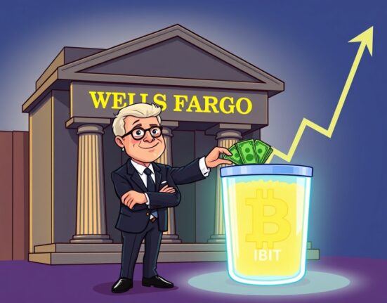 Cartoon illustration showing Wells Fargo's significant increase in IBIT holdings, highlighting growing institutional Bitcoin ETF investment.