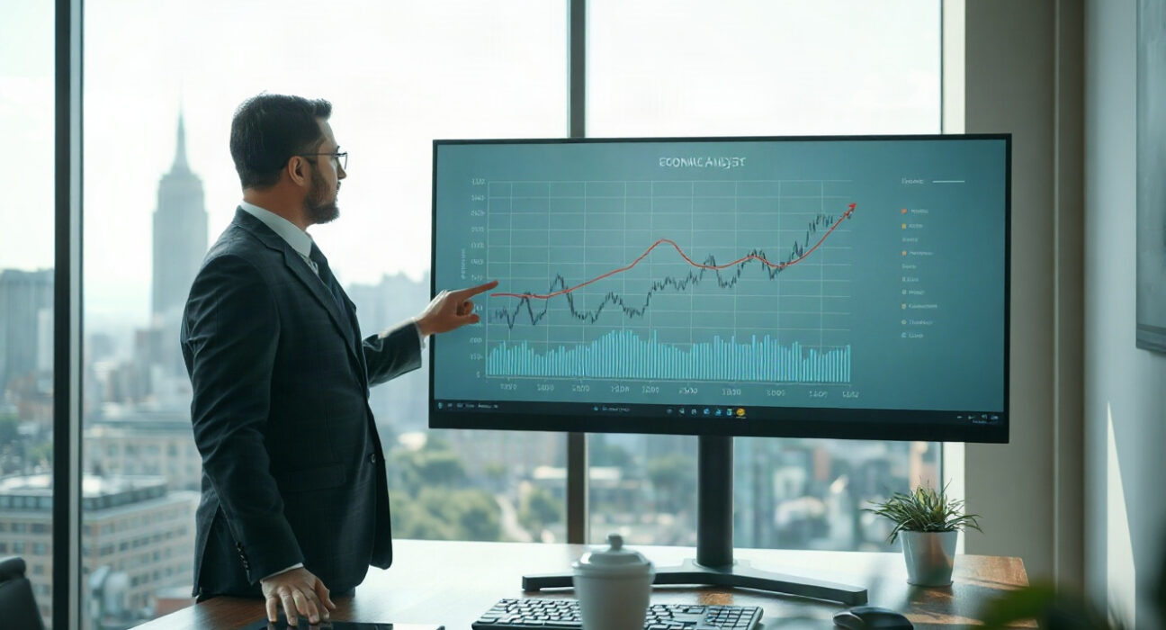Financial analyst reviewing economic charts on a monitor in a modern office