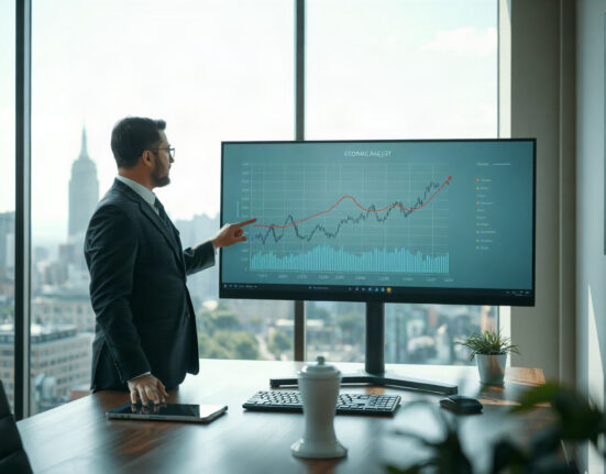 Financial analyst reviewing economic charts on a monitor in a modern office