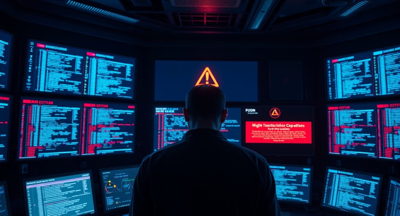 Cybersecurity analyst monitoring a blockchain security breach alert in a dimly lit operations center