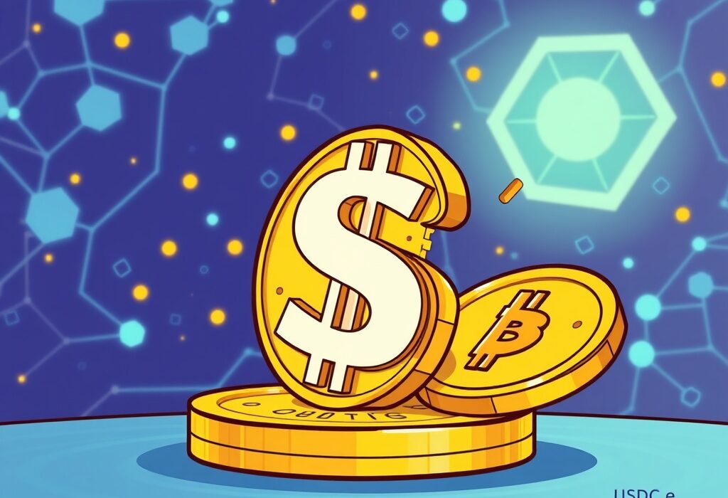 An illustration showing the transition of Wemix Dollar stablecoin into USDC.e, highlighting the end of its support and strategic shift.