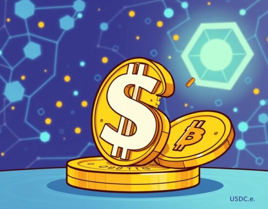 An illustration showing the transition of Wemix Dollar stablecoin into USDC.e, highlighting the end of its support and strategic shift.