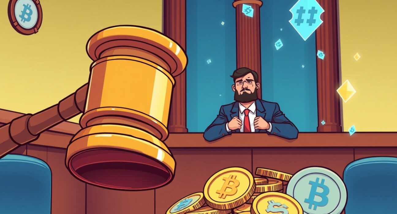 Final legal victory on WEMIX manipulation charges shown with courtroom symbolism and cryptocurrency elements.