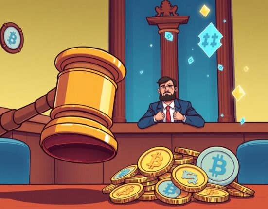 Final legal victory on WEMIX manipulation charges shown with courtroom symbolism and cryptocurrency elements.