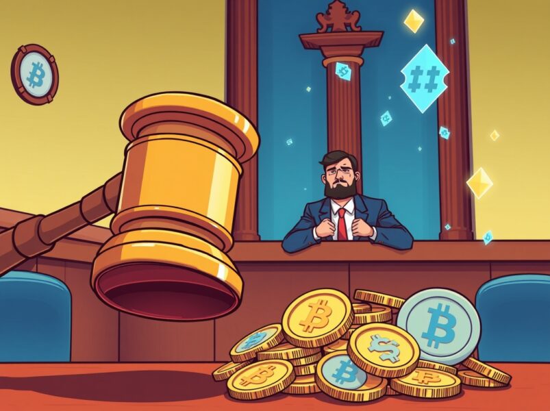 Final legal victory on WEMIX manipulation charges shown with courtroom symbolism and cryptocurrency elements.