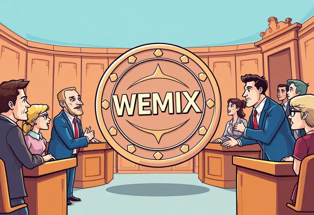 A cartoon illustration of a legal conflict over a WEMIX payment dispute between Wemade and its former employees.