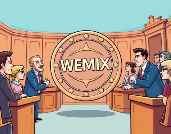 A cartoon illustration of a legal conflict over a WEMIX payment dispute between Wemade and its former employees.