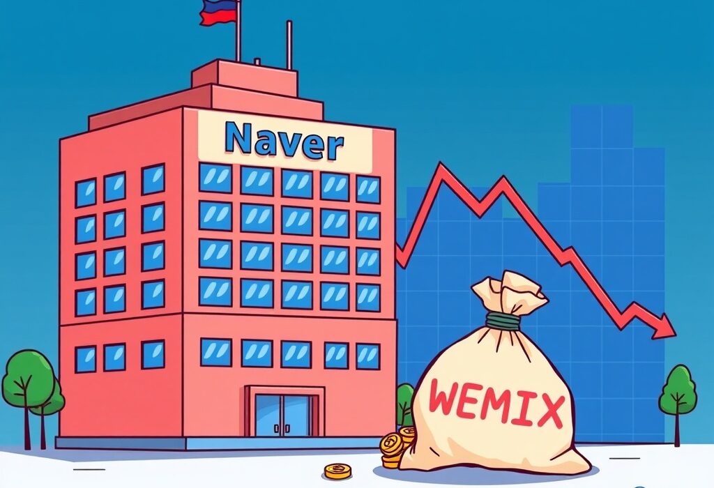 Illustration of Naver's significant write-off on WEMIX tokens, depicting a corporate setback.