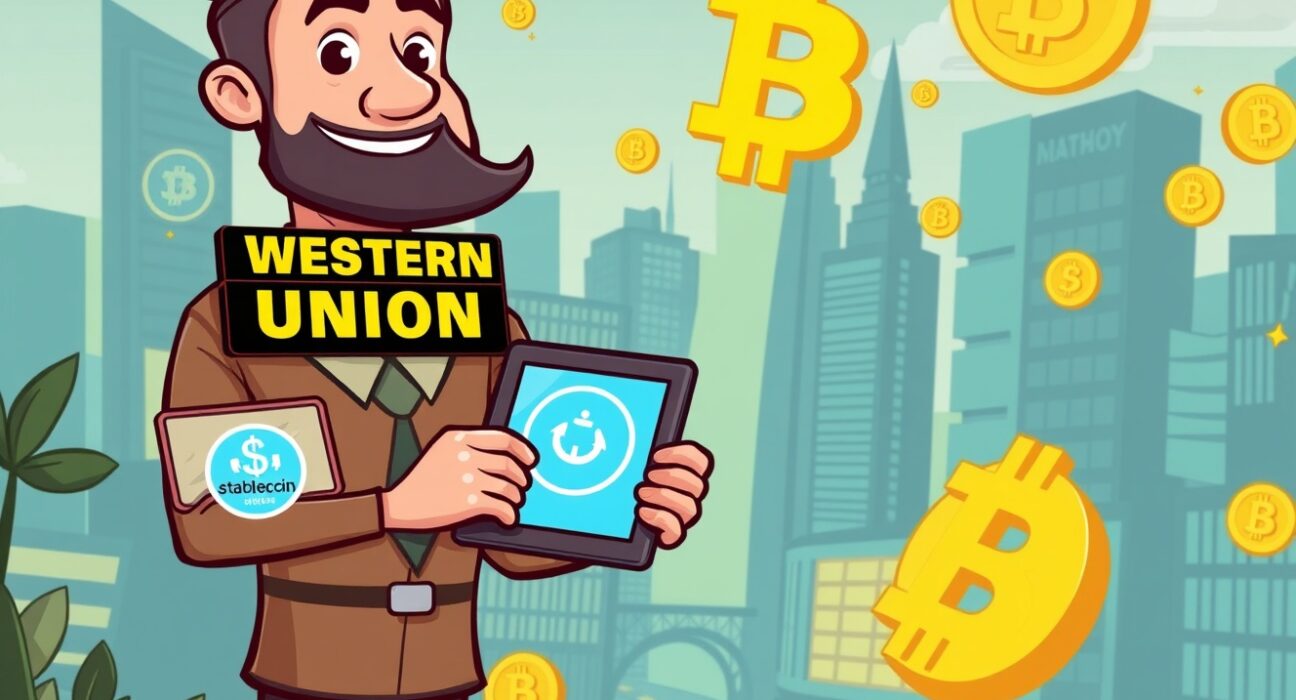 A cartoon Western Union agent bridging traditional finance with digital assets, symbolizing the launch of the Western Union stablecoin.