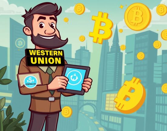 A cartoon Western Union agent bridging traditional finance with digital assets, symbolizing the launch of the Western Union stablecoin.