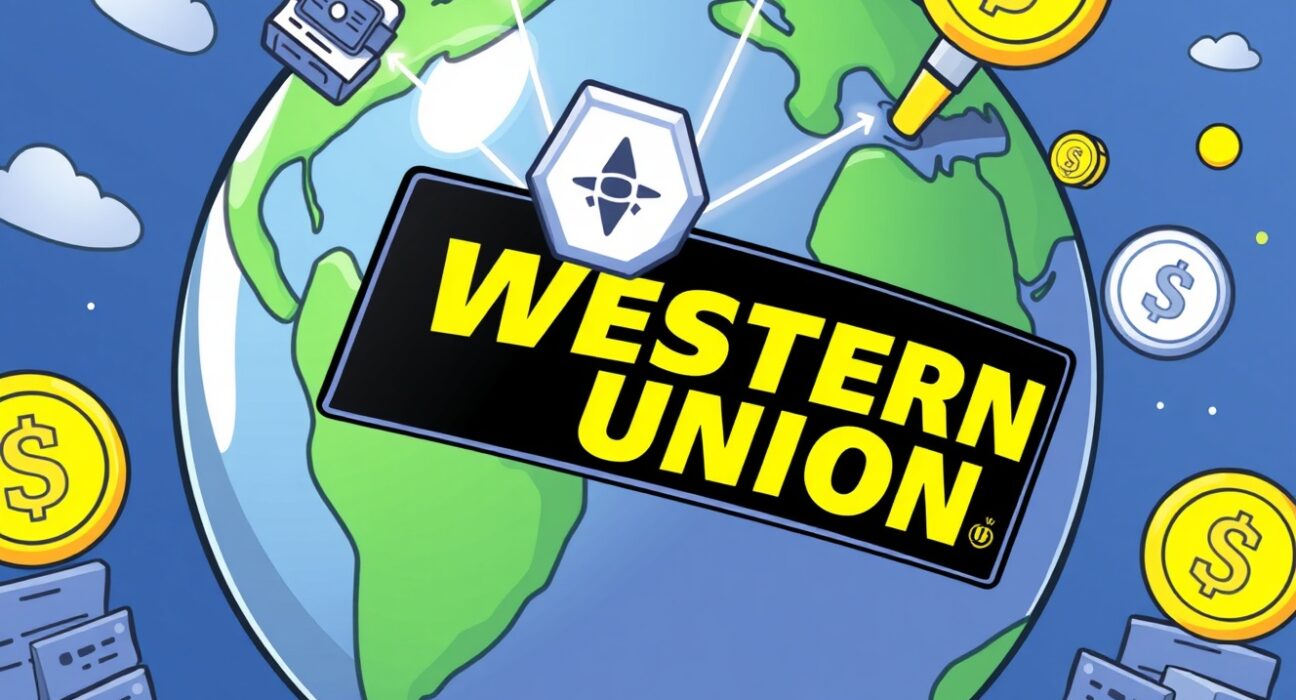 Cartoon illustration of Western Union stablecoin facilitating global digital remittances, highlighting future financial innovation.