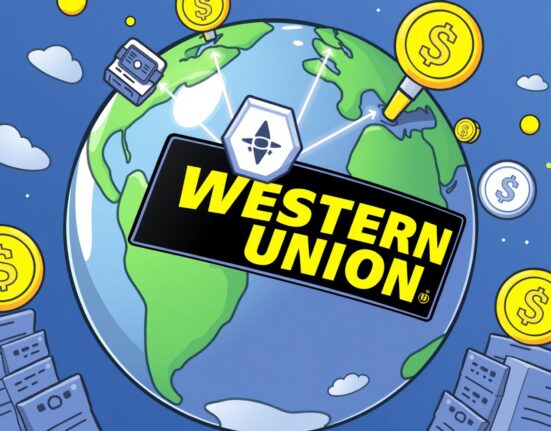 Cartoon illustration of Western Union stablecoin facilitating global digital remittances, highlighting future financial innovation.