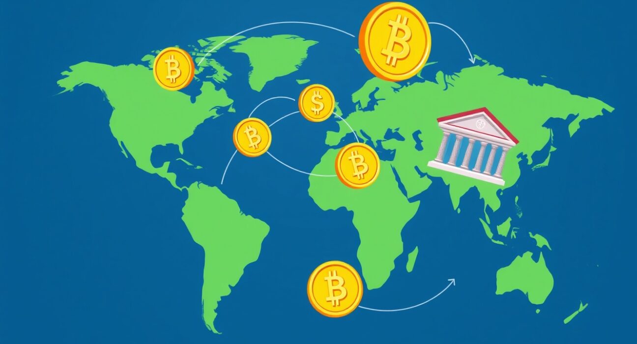 A cartoon illustration showing Western Union's innovative stablecoin payment system streamlining global remittances, connecting people worldwide.