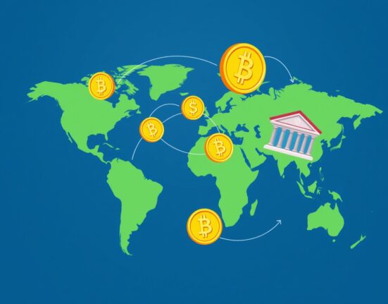 A cartoon illustration showing Western Union's innovative stablecoin payment system streamlining global remittances, connecting people worldwide.