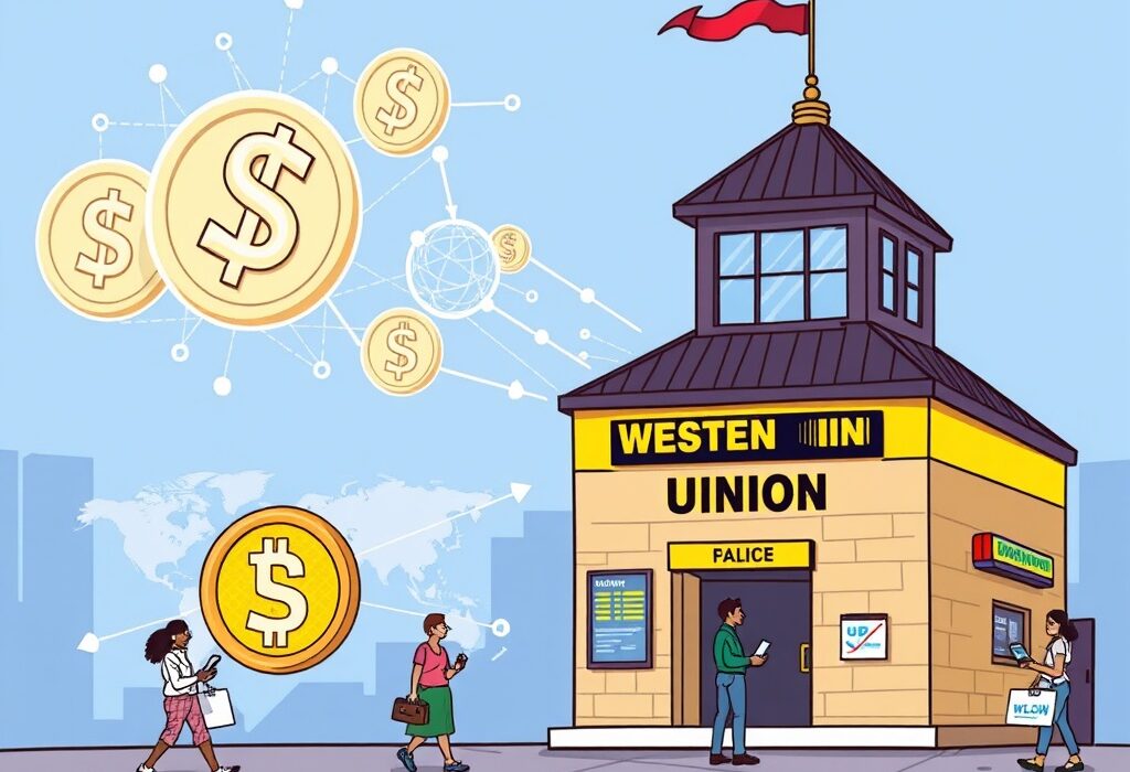 A cartoon illustration showing Western Union's move into digital currency, symbolizing the future of global remittance with their new Western Union stablecoin.