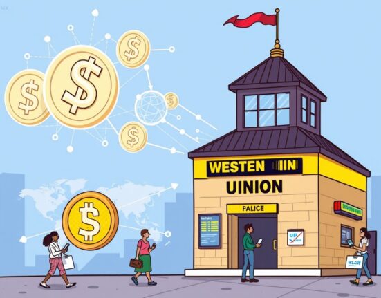 A cartoon illustration showing Western Union's move into digital currency, symbolizing the future of global remittance with their new Western Union stablecoin.