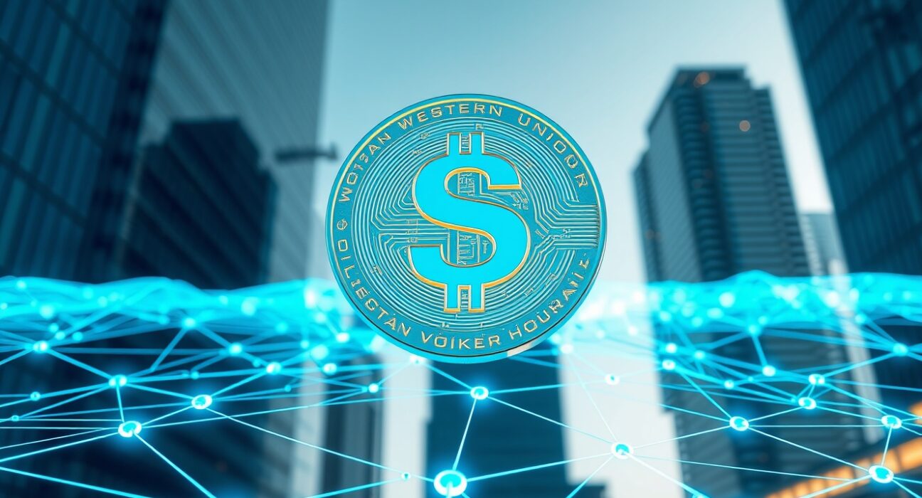 Western Union stablecoin USDPT digital dollar coin floating above Solana blockchain network representing regulated cross-border payments