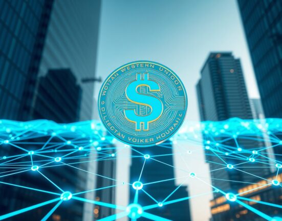 Western Union stablecoin USDPT digital dollar coin floating above Solana blockchain network representing regulated cross-border payments