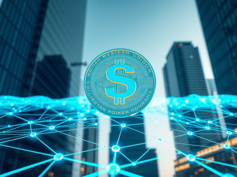 Western Union stablecoin USDPT digital dollar coin floating above Solana blockchain network representing regulated cross-border payments