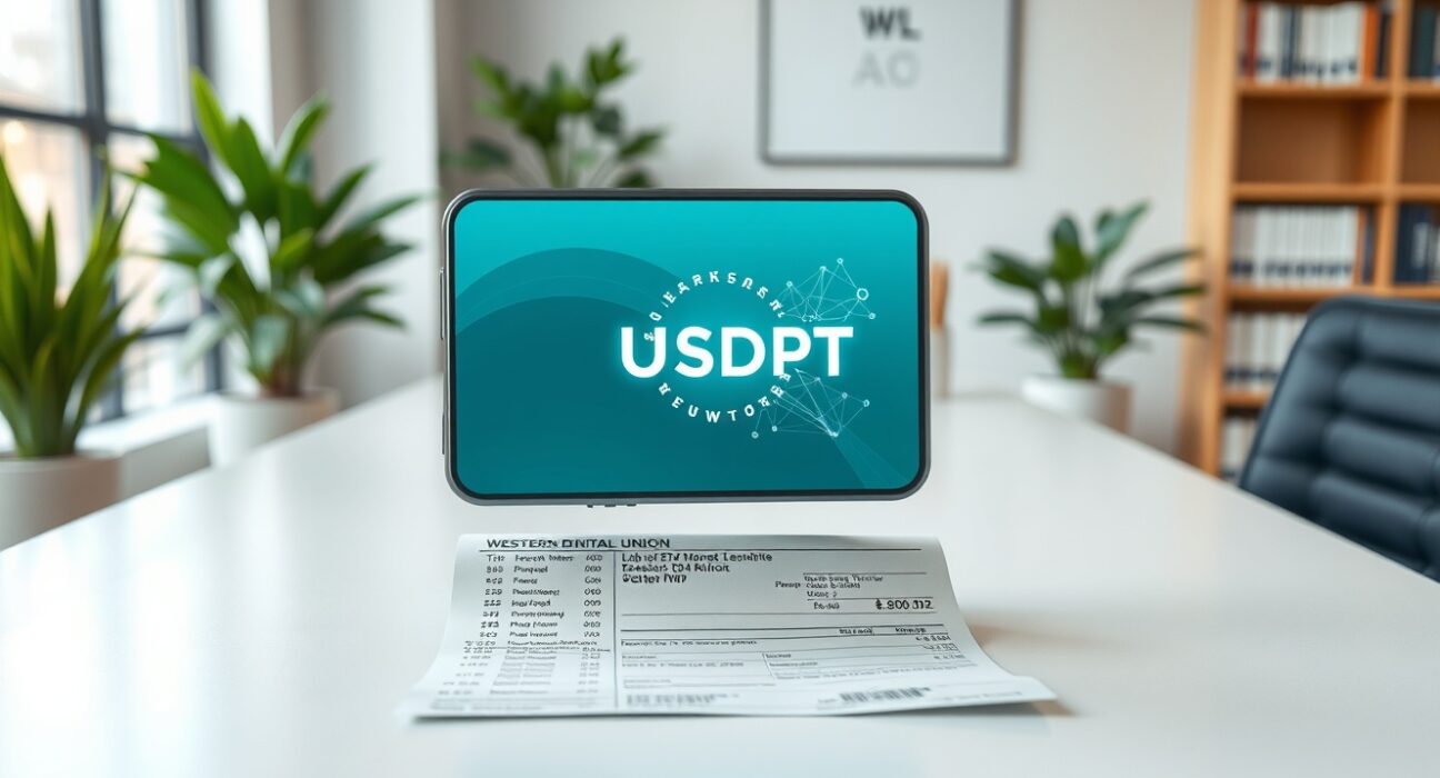 Western Union's new USDPT stablecoin digital wallet and traditional receipt symbolizing blockchain remittance innovation.