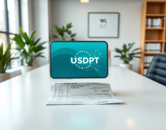 Western Union's new USDPT stablecoin digital wallet and traditional receipt symbolizing blockchain remittance innovation.