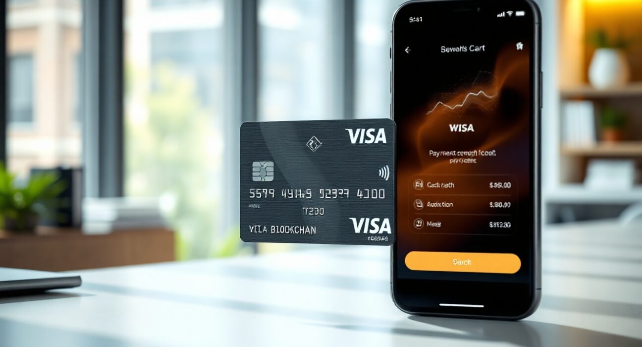 Western Union Visa card with smartphone payment app on a desk, representing stablecoin payments
