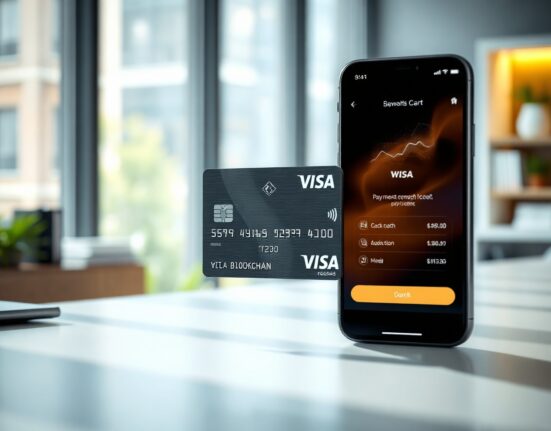 Western Union Visa card with smartphone payment app on a desk, representing stablecoin payments