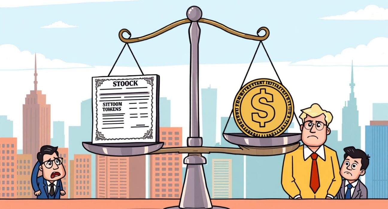 Cartoon illustration of tokenized stocks regulation balancing traditional and digital markets for investor protection