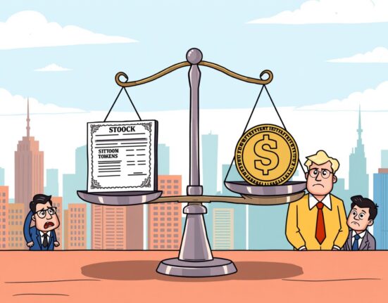 Cartoon illustration of tokenized stocks regulation balancing traditional and digital markets for investor protection