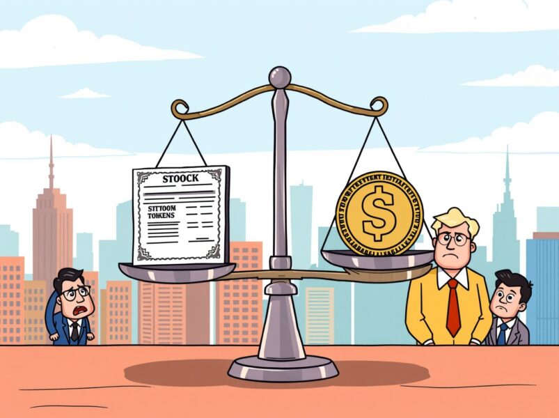 Cartoon illustration of tokenized stocks regulation balancing traditional and digital markets for investor protection