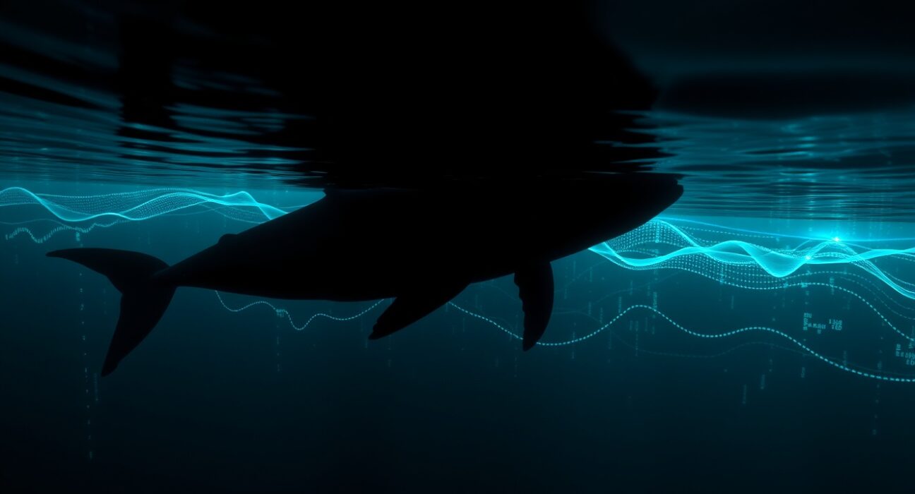 Whale silhouette in digital ocean with cryptocurrency data streams