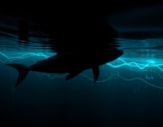 Whale silhouette in digital ocean with cryptocurrency data streams